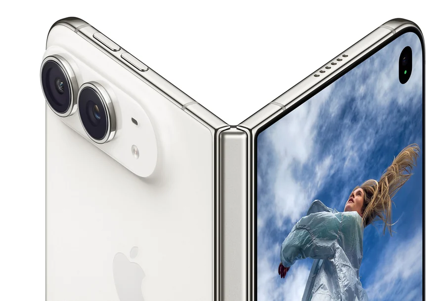 Primer plano de la bisagra, el marco de titanio y las cámaras del iPhone Duo